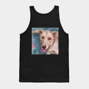 Painting of a Happy Blond Labrador With the Tongue Out on Light Blue Background Tank Top